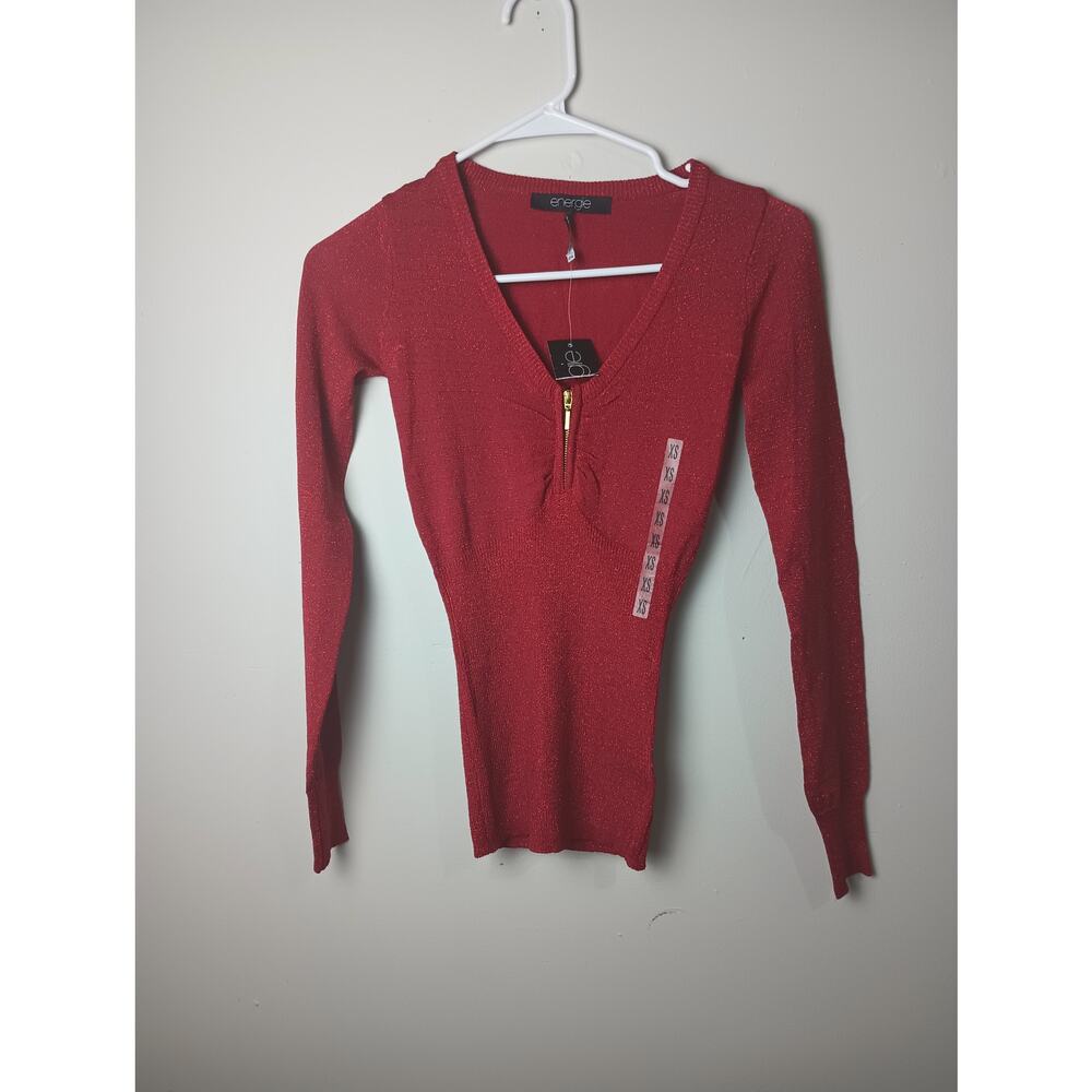 Vtg Y2K Fitted Blouse Top Ribbed Red Glitter Deep V Neck Energie NWT Size XS
